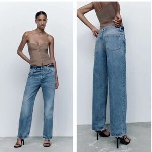 Zara The Relaxed Boyfriend Jeans Straight Leg Button Fly Medium Wash Blue 6 NWT